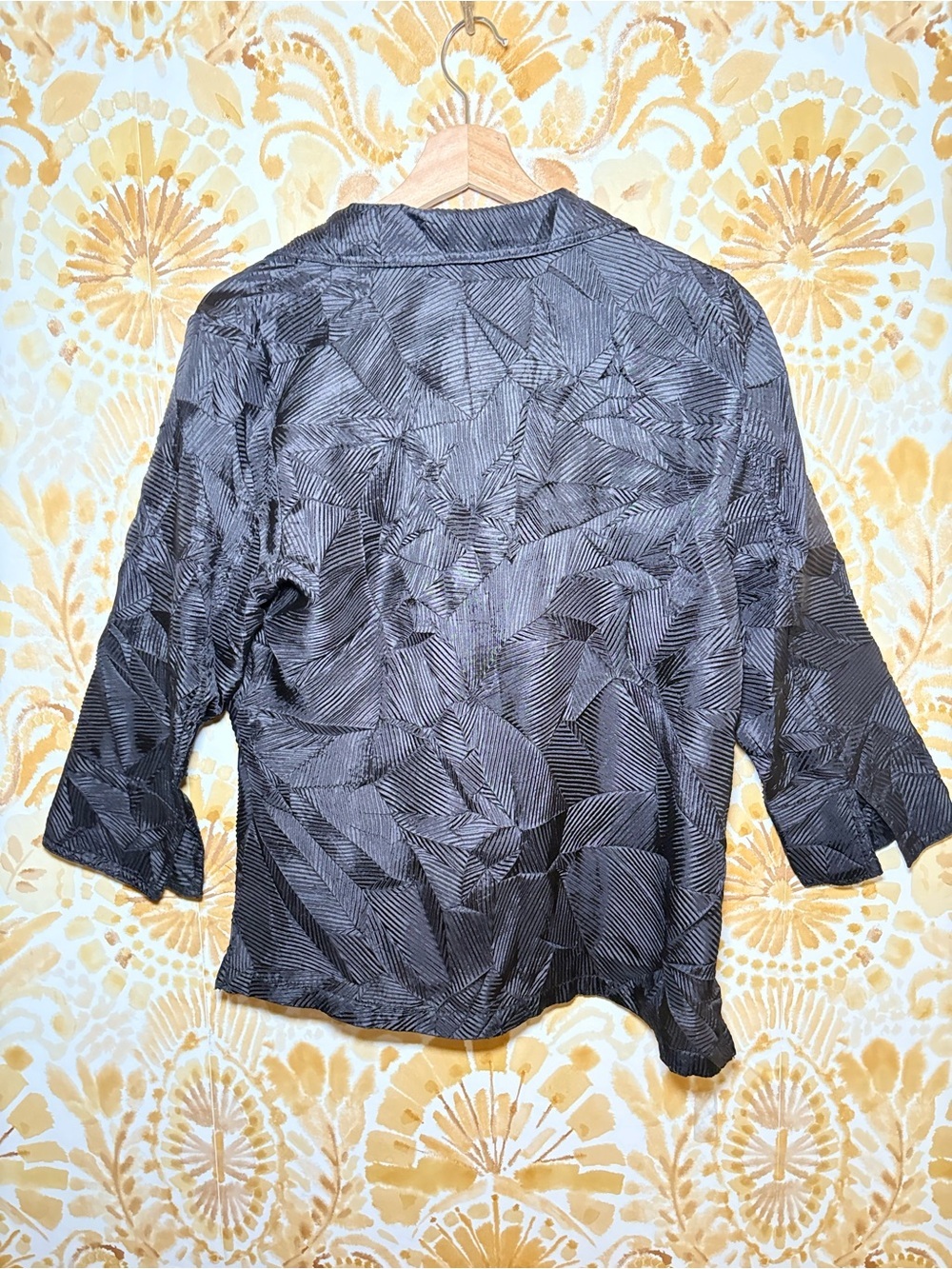 Erin London Black Textured Button Front Blouse | 3/4 Sleeve Career Casual Top - Picture 6 of 13